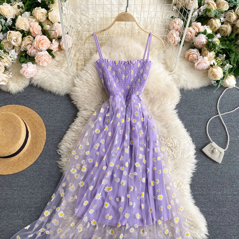 Daisy and flower printed party dress | Two layers, spaghetti straps | vacation | Beach dresses | BEGOGI SHOP |