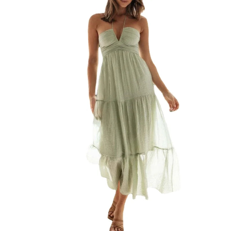 Long swing dress | Short sleeve with ruffles | Flowy dress | BEGOGI SHOP | Solid Green