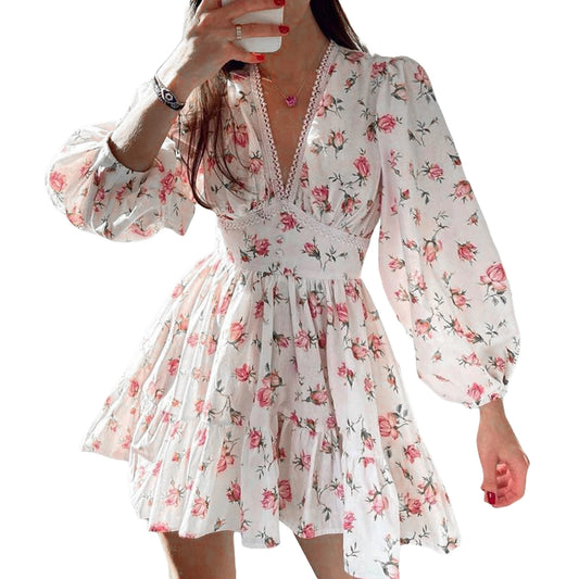 Vintage mini dress for women | long sleeve | floral print | ruffles | V-neck | high waist | BEGOGI SHOP | WHITE