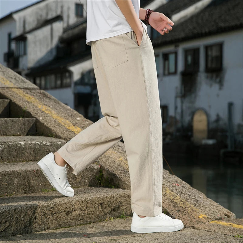 Men's Cotton Linen Wide Leg Pants | BEGOGI SHOP | khaki