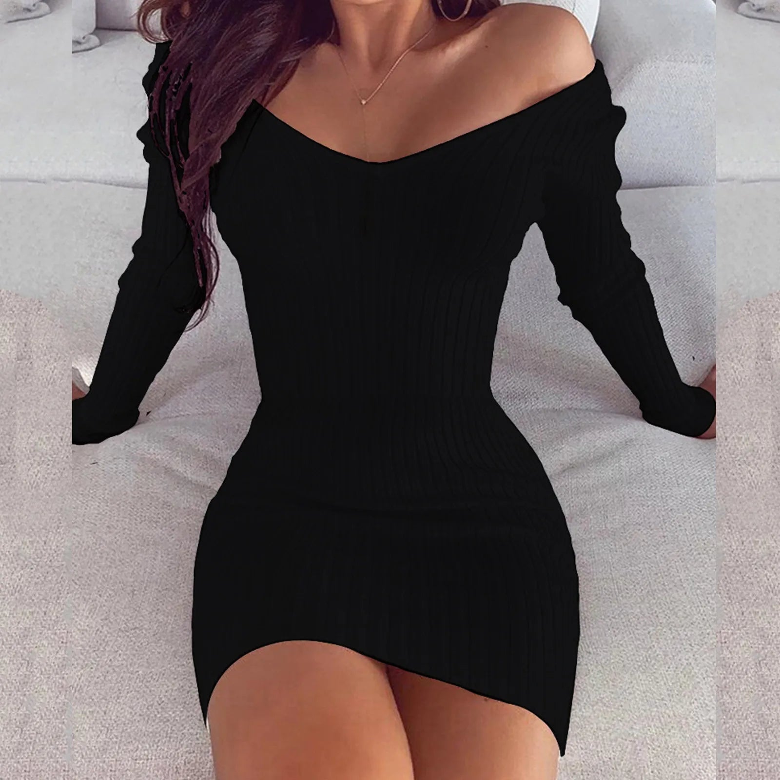 Long sleeve bodycon dress | with bare shoulders | knitted sweater | Mini dresses | BEGOGI SHOP | Black