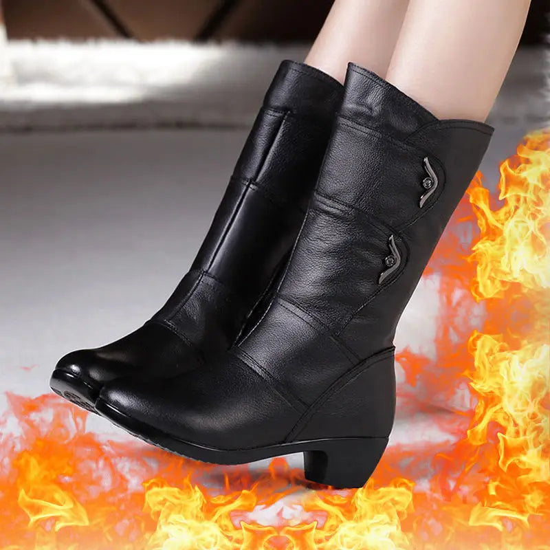 Style Mid-Length Boots for Women | non-slip low heel boots|BEGOGI SHOP | Black warm