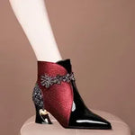 Shaped Heels | Retro British Style Sandals | Women's Leather Boots|BEGOGI SHOP | 1198-red-Velvet