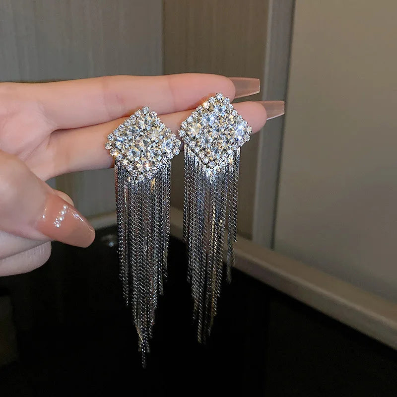 Exaggerated Rhinestone Tassel Earrings for Women | BEGOGI shop | JJ silver color