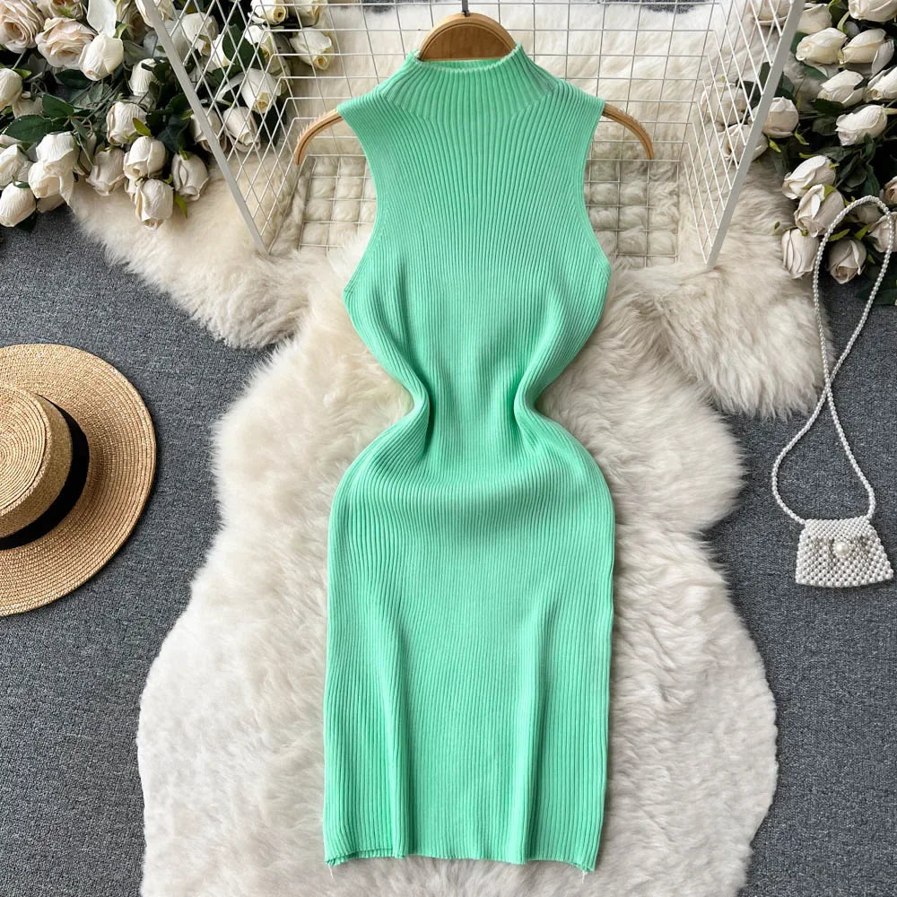 Knitted dress for women | high waist tight casual dress | BEGOGI SHOP | Cyan-blue One Size