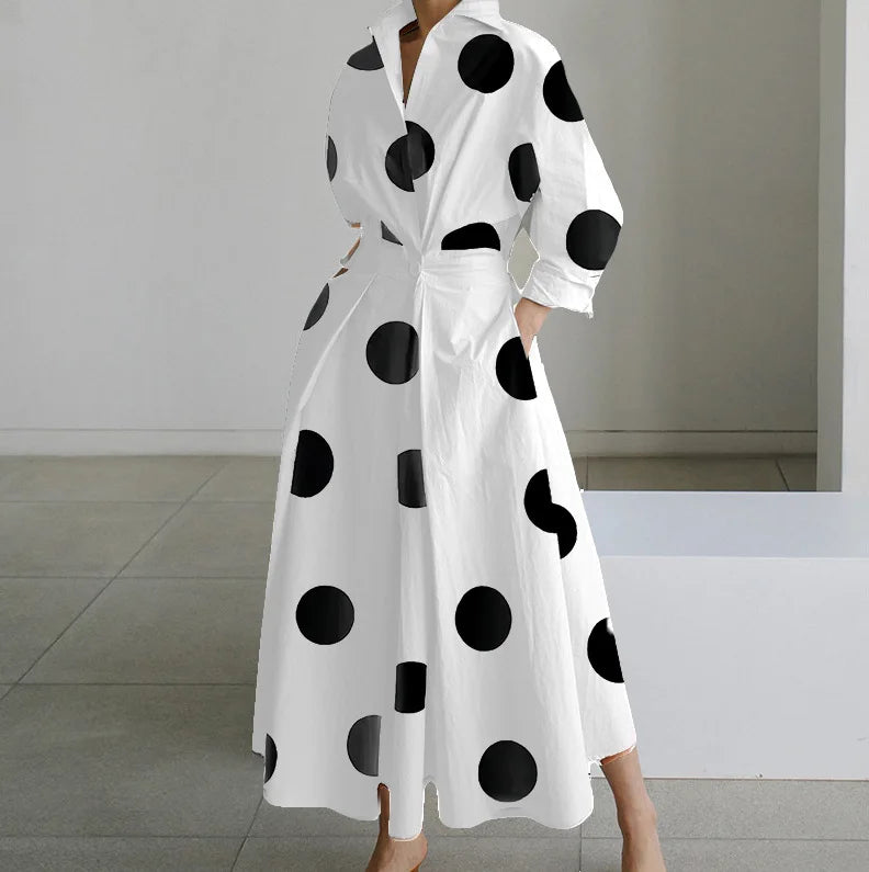 V-neck women's dress | Elegant Maxi outfit |BEGOGISHOP| Dot-white