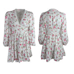 Vintage mini dress for women | long sleeve | floral print | ruffles | V-neck | high waist | BEGOGI SHOP |