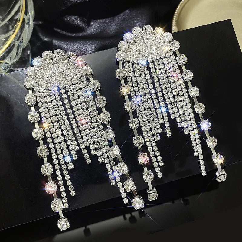 Exaggerated Rhinestone Tassel Earrings for Women | BEGOGI shop | RR silver color