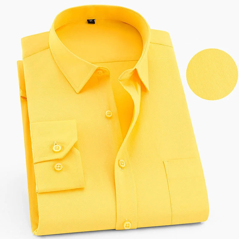 Oversized 9XL 8XL Mens Long Sleeved Shirt Casual Business Classic Plaid Striped Daily Slim Fit Button Male Social Dress Shirts Pure Yellow