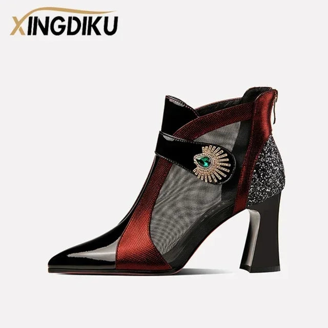 Shaped Heels | Retro British Style Sandals | Women's Leather Boots|BEGOGI SHOP | 7cm-red