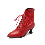 Women Victorian Leather Ankle Boots | Women's fashion lace-up shoes|BEGOGI SHOP | Red