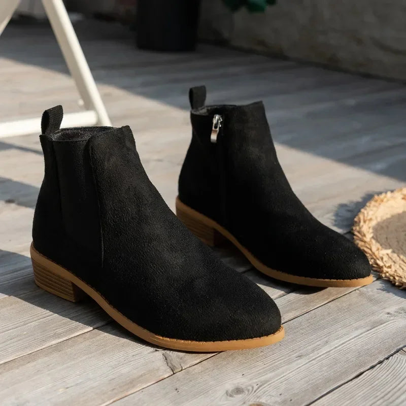 side zipper boots for women | pointed toe solid short barrel heel |BEGOGI SHOP | black