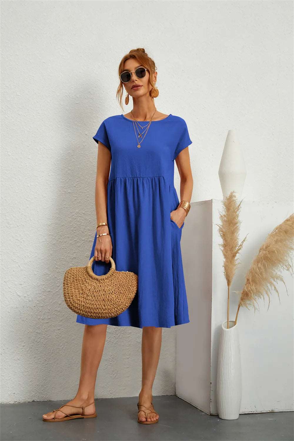 Women's casual dresses | Comfortable knee length with pockets |BEGOGI SHOP | Blue
