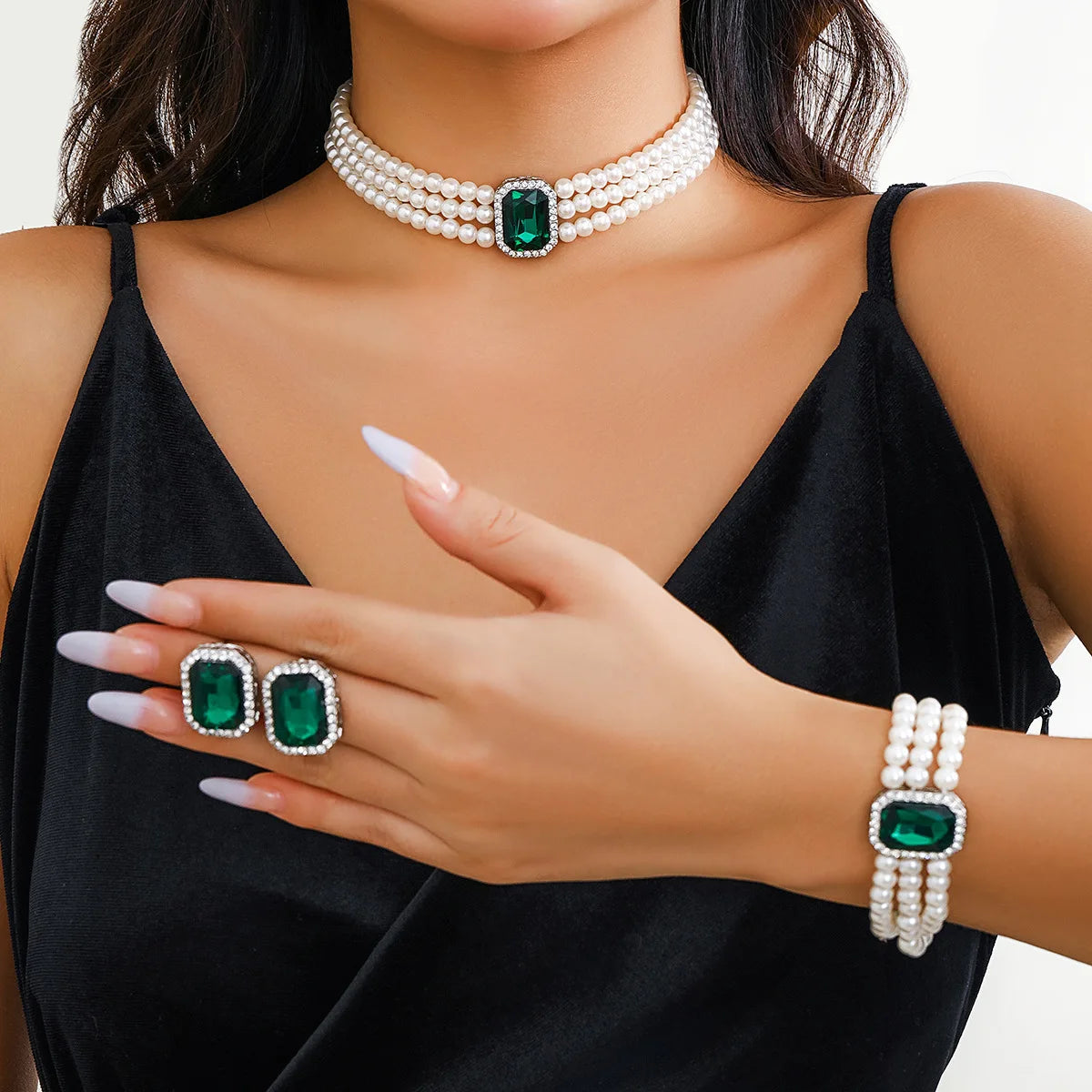 Imitation Pearl Necklace and Bracelet for Women | BEGOGI shop | green 4465