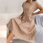 Short sleeve with ruffles | and V-neck | Fashionable waist flowy dress |BEGOGI SHOP | camel