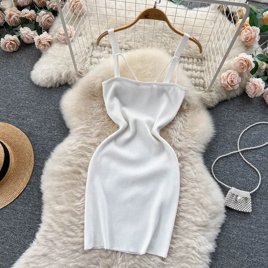 Knitted dress for women | short dress with elastic waist and open back | BEGOGI SHOP | WHITE One Size