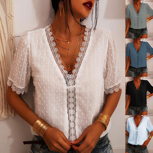 Chiffon Shirt European And American Women Embroidered Lace Short-Sleeved Blouse Women