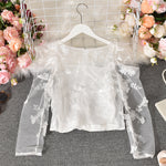 Super Fairy Summer Boat Neck Sun Protection Clothing Bottoming Shirt Mesh Long Sleeve Very Fairy Blouse Female Puff Sleeve Shirt