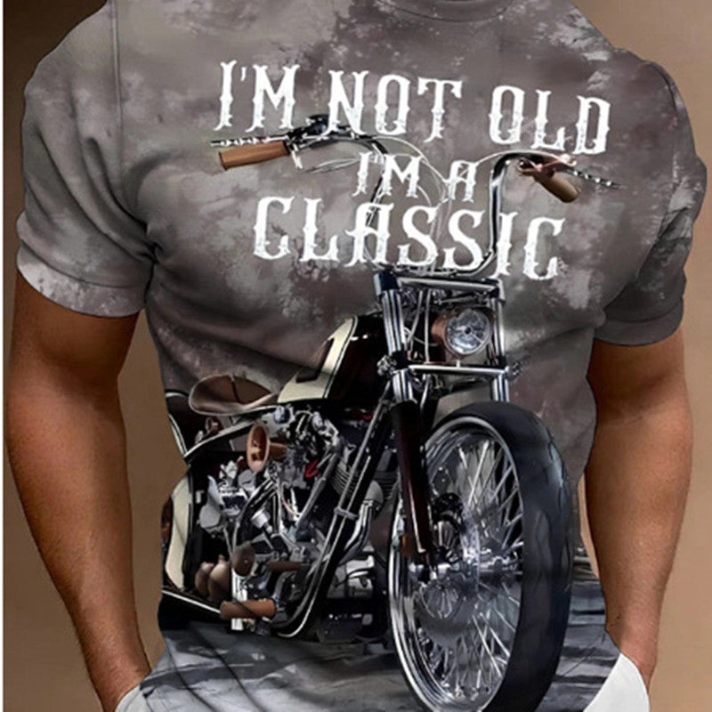 Retro Biker's Printed Round Neck Short Sleeve T-shirt