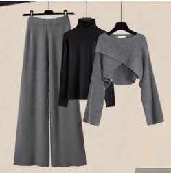 Knitted Sweater Shirt Wide Leg Pants Three-piece Set Autumn And Winter Suit Women