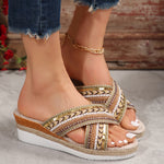 Linen wedge sandals | Women's Ethnic Style Cross Strap Summer Sandals| Begogi Shop |