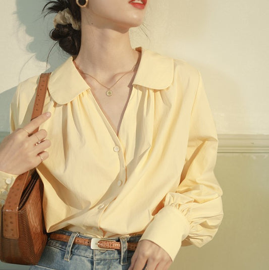 Lantern Sleeve Doll Collar Shirt Women Retro Temperament Exposed Clavicle Top