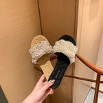 Small Fragrant Leather One-word Pearl Slippers Women Sandals For Outer Wear