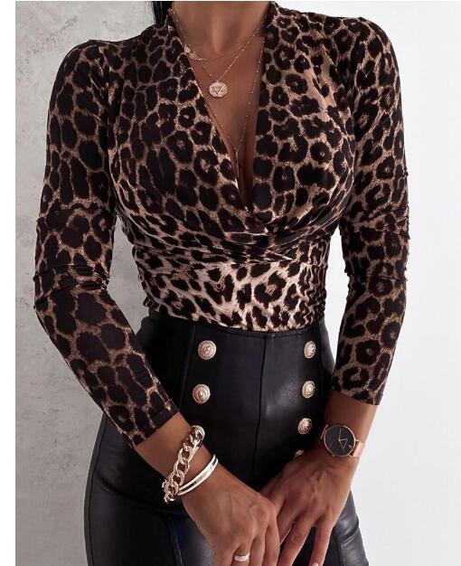 Long Sleeve V-Neck Leopard Print Blouse